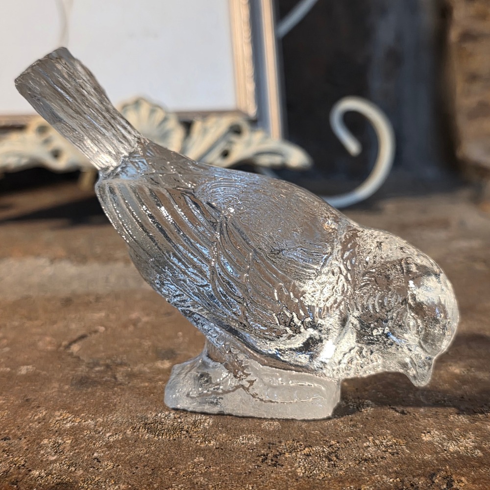 Vintage Clear Textured Glass Bird Figurine Sparrow Finch Paperweight 4 Inch MCM